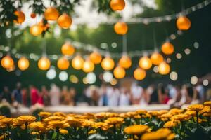 yellow flowers and people in the background. AI-Generated photo