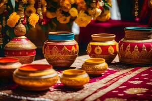 indian wedding decor with colorful pots and vases. AI-Generated photo