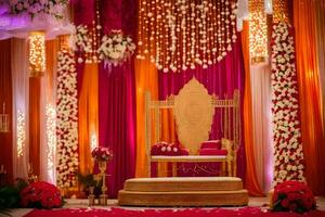 a wedding stage decorated with red and orange flowers. AI-Generated photo