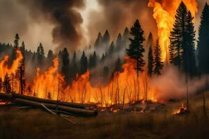 un bosque fuego es ardiente en el antecedentes. generado por ai foto