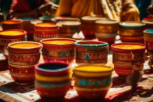 colorful cups are displayed on a table. AI-Generated photo