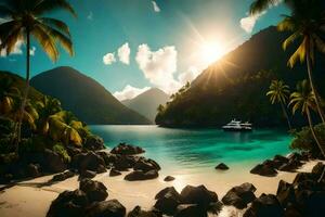 a boat is docked on a beach in the sun. AI-Generated photo