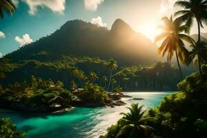 tropical island with palm trees and a mountain in the background. AI-Generated photo