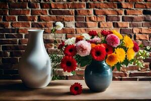 vistoso flores en floreros en un mesa. generado por ai foto