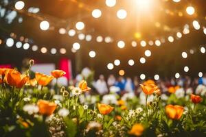 a field of flowers with lights in the background. AI-Generated photo