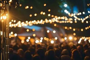 un multitud de personas a un al aire libre evento con luces. generado por ai foto