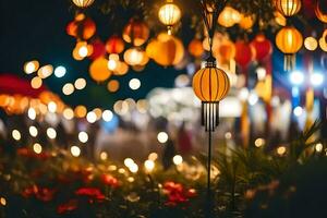 many colorful lanterns are hanging from a tree. AI-Generated photo