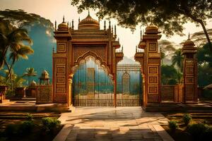 el dorado portón de el palacio de el rey. generado por ai foto