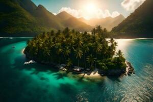an island surrounded by palm trees and mountains. AI-Generated photo