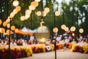 a wedding reception with lights hanging from the ceiling. AI-Generated photo