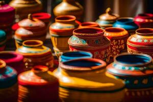 colorful pots and vases are displayed on a table. AI-Generated photo