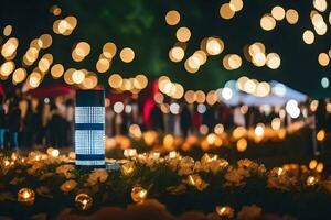 a lighted lamp in the middle of a field of flowers. AI-Generated photo