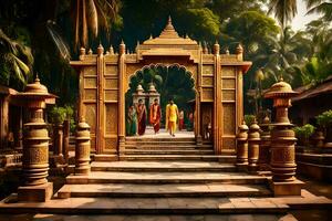 a man in a yellow sari is walking down a path with a golden archway. AI-Generated photo