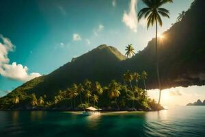 a boat is in the water near a tropical island. AI-Generated photo