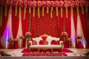 a red and gold wedding stage with white couches. AI-Generated photo