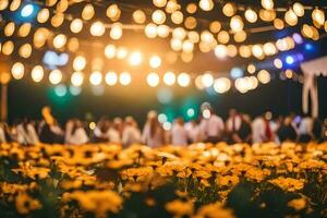 a group of people standing in front of a field of flowers. AI-Generated photo