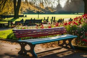 a park bench in front of a flower garden. AI-Generated photo