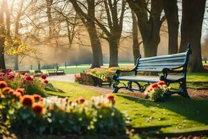 a park bench in the sun with flowers. AI-Generated photo