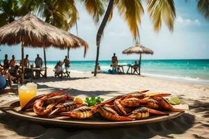 a plate of grilled shrimp on the beach. AI-Generated photo