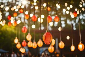 many red and orange lanterns hanging from trees. AI-Generated photo