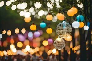 vistoso luces colgando desde arboles en un parque. generado por ai foto