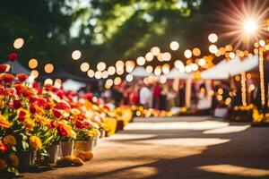 flowers are lined up in a park with lights. AI-Generated photo