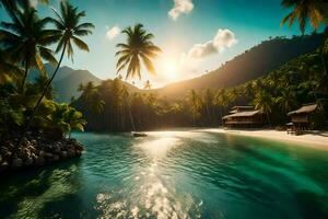 tropical island with palm trees and a beach. AI-Generated photo