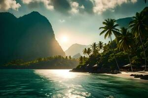 el Dom brilla terminado un tropical playa y palma arboles generado por ai foto