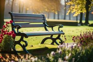 a bench in a park with flowers and trees. AI-Generated photo