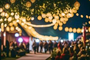 a wedding ceremony with people walking under string lights. AI-Generated photo