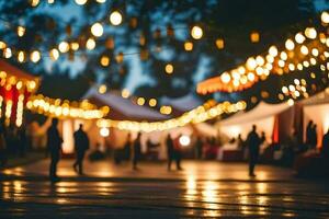 people walking in the dark under a string of lights. AI-Generated photo