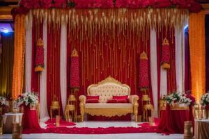 an indian wedding ceremony with red and gold decor. AI-Generated photo