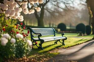 un banco se sienta en un parque rodeado por flores generado por ai foto