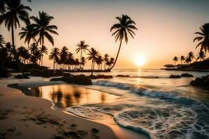 the sun sets over the ocean and palm trees on a beach. AI-Generated photo