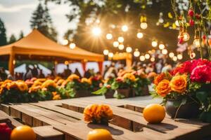 orange and yellow flowers are arranged on a wooden table. AI-Generated photo