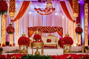 an indian wedding stage decorated with red and gold flowers. AI-Generated photo