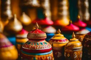 colorful decorative pots on display at a thai market. AI-Generated photo