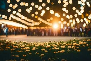 a crowd of people standing in front of a field of flowers. AI-Generated photo