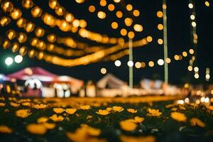 amarillo flores en el césped a noche. generado por ai foto