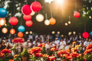 colorful balloons and flowers in the sun. AI-Generated photo