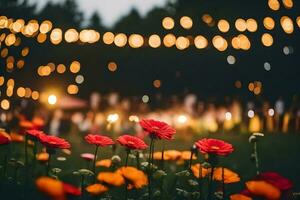 flores en el césped con luces en el antecedentes. generado por ai foto