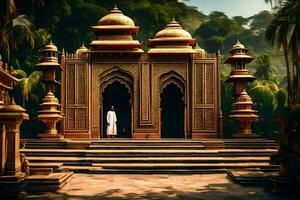 a man standing in front of a temple in the jungle. AI-Generated photo