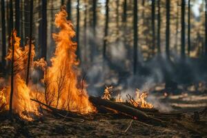 a forest fire in the middle of a forest. AI-Generated photo