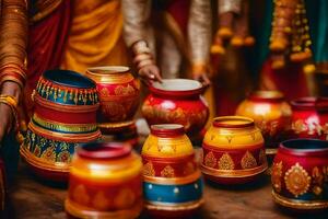 colorful pots and bowls are displayed on a table. AI-Generated photo