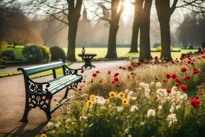a bench in a park with flowers and trees. AI-Generated photo
