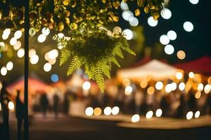 a night time view of a street with lights and people. AI-Generated photo