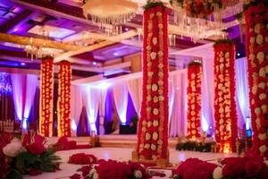 indio Boda decoración a el grandioso salón de baile. generado por ai foto