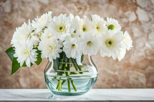 white flowers in a glass vase on a table. AI-Generated photo
