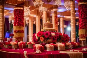 a wedding reception table with red and gold decorations. AI-Generated photo