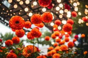 naranja flores en un jardín debajo un pabellón de luces. generado por ai foto